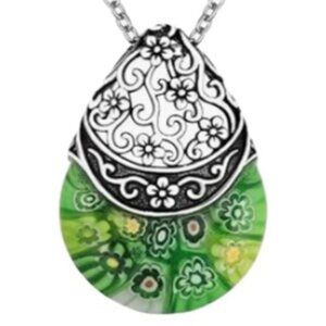 Green Murano Style Glass Pendant Necklace for Women Daisy Flower Stainless Steel